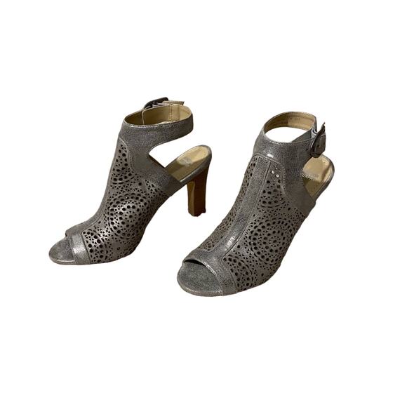 Johnston & Murphy Metallic Gray Caged Ankle Strap Open Toe Heels Women Sz 7 - Picture 3 of 9